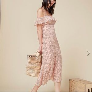 Reformation hydrangea maxi dress off the shoulder floral